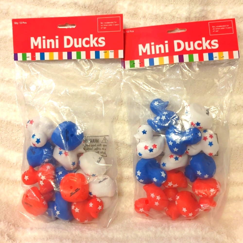NEW STILL IN BAG, 2 BAGS OF 12 MINI DUCkS, RED, WHITE & BLUE